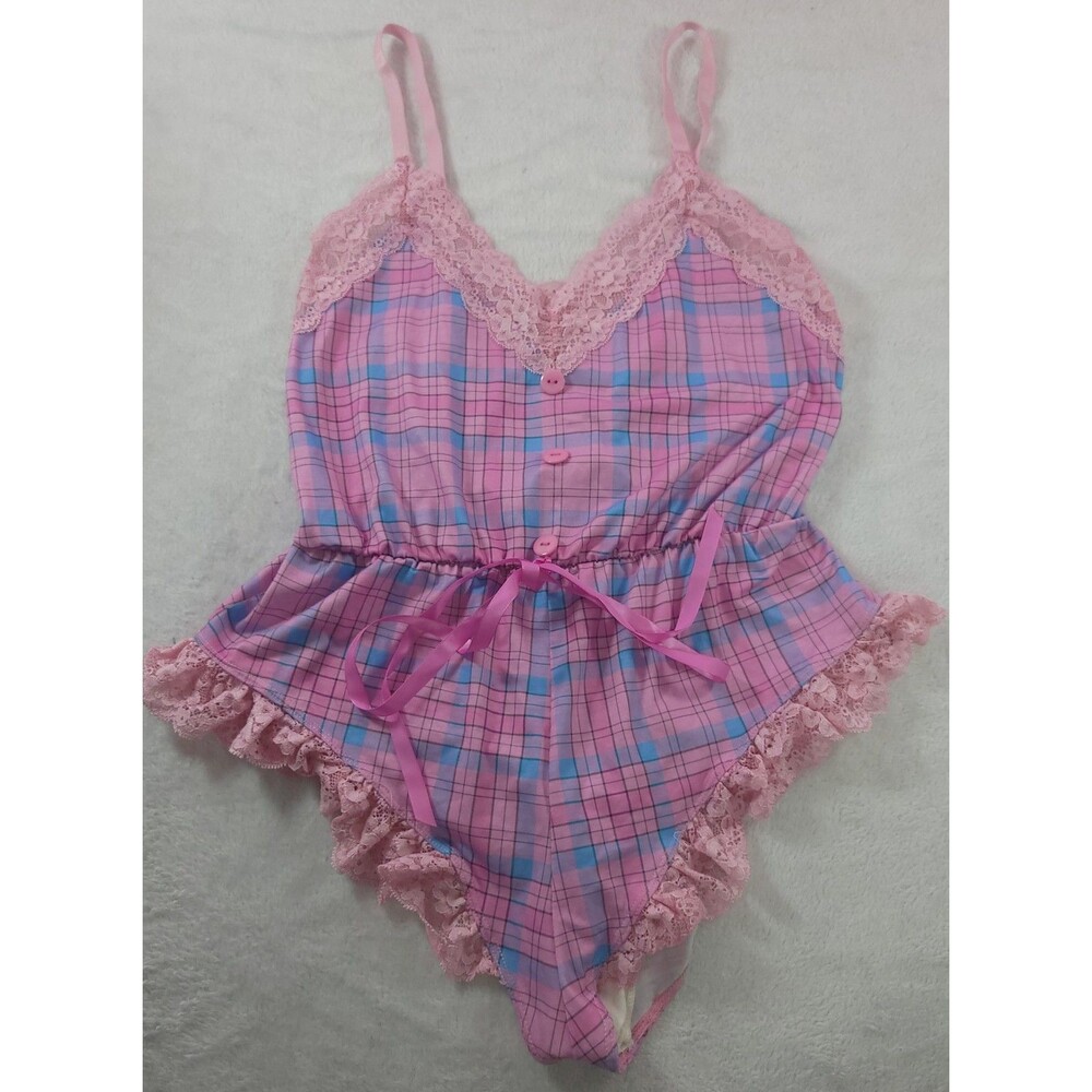Sugar Thrillz Make Me Blush Pink Blue Plaid Lace Teddy Romper Bodysuit Womens S